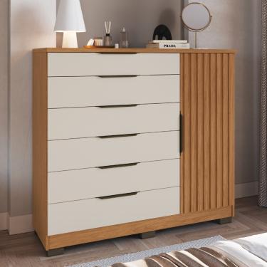 Imagem de Cômoda Ripada 6 Gavetas 1 Porta com Pés Vegas Faimec - Freijo/Off White