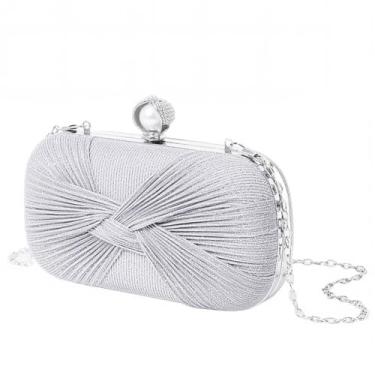 Imagem de Inkfew Bolsa clutch feminina formal elegante bolsa clutch plissada brilhante com corrente para festa de casamento, Prata