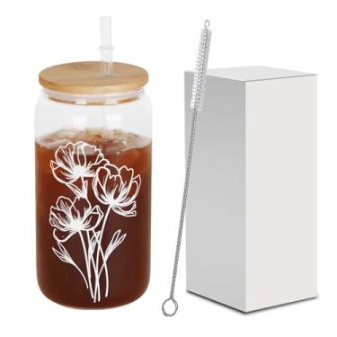 Imagem de HIZEE Copos de bebida de 473 ml com tampas de bambu e canudo 1 pacote, copos de vidro em forma de lata para refrigerante de suco de café gelado - presentes de Natal personalizados para mulheres e