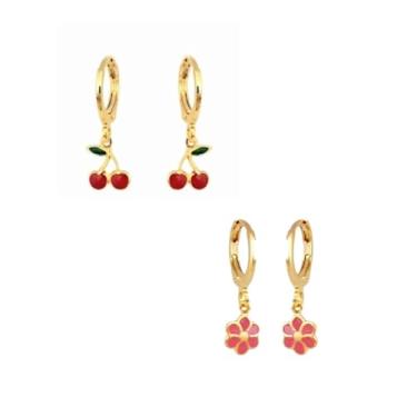 Imagem de Brinco Infantil Argolinha 2 Pares Flor e Cereja Folheado Ouro Antialérgico