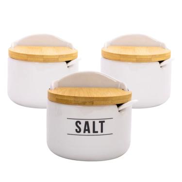 Imagem de Jogo De Saleiros Açucareiros Para Mesa Posta Em Porcelana Com Tampa Bambu