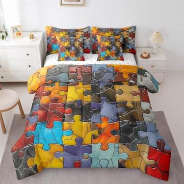Imagem de Conjunto de cama de 7 peças, quebra-cabeça geométrico abstrato, quadriculado, decoração de quarto de meninos e meninas, blocos de montar para jogos (edredom + lençol de cima + 2 fronhas + 2 fronhas de
