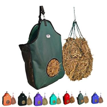 Imagem de Majestic Ally Sacola para alimentador de feno 1200 D para cavalos, ovelhas com acabamento refletivo - reduz o desperdício - vem com rede de feno de 91 cm. (verde caçador)