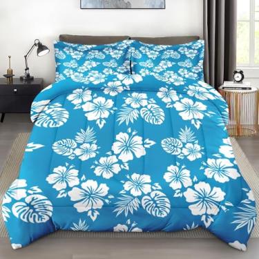 Imagem de Pamnest Conjunto de edredom casal, flor havaiana azul, macio, 3 peças, para crianças e adultos, conjunto de edredom de praia de hibisco com 2 fronhas para decoração de cama de quarto