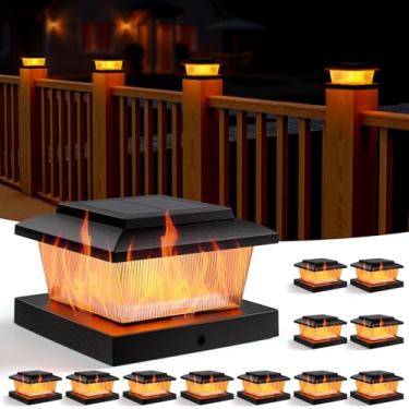 Imagem de APONUO Luzes solares de poste de cerca, branco quente e modos de chama cintilante, luzes de poste de cerca de LED à prova d'água para postes de vinil de madeira 4 x 4, liga/desliga automática, deck,