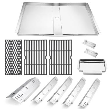 Imagem de Criditpid Peças de reposição para queimadores Dyna-Glo 5 DGH474CRP DGH485CRP DGH483CRP, protetores de placa térmica de aço inoxidável, bandeja de gotejamento ajustável e grelhas de ferro fundido para