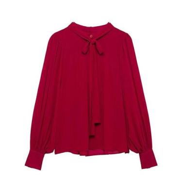 Imagem de Blusa Feminina Chique com Laço Vermelho - Plissada, Vintage, Gola Redo