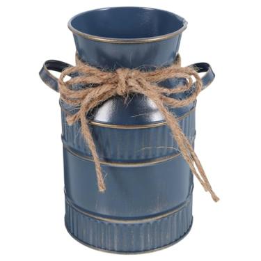 Imagem de Veemoon Vaso rústico para lata de leite, balde de flores vintage de arte de ferro, vaso de flores de metal antigo, balde floral galvanizado retrô para casamentos e festas, vaso de plantas portátil