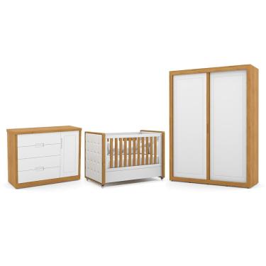 Imagem de Dormitório Tutto New 2 Portas, Cômoda 1 Porta e Berço com Capitonê - Matic Móveis Branco Soft/Freijó