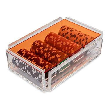 Imagem de Luxe Dominoes Conjunto de fichas de pôquer La Ficha, 100 fichas resistentes pesadas, inclui 4 fichas coloridas para jogos de azar, caixa de acrílico feita à mão com tampa colorida (laranja)