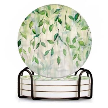 Imagem de BaHomeck Conjunto de 4 porta-copos para bebidas, cobertos com folhas verdes, porta-copos de cerâmica redonda absorvente de água, proteção de mesa (base de cortiça) com suporte, adequado para vários