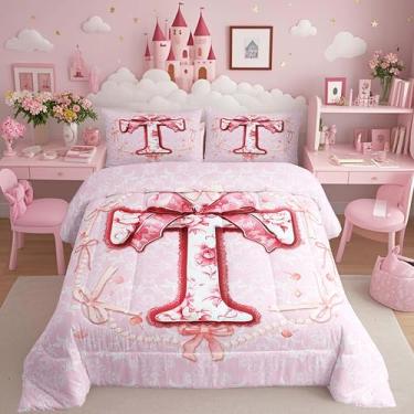 Imagem de Erosebridal Coquette Conjunto de cama solteiro com laço rosa Groovy Floral moderno lindo laço colcha inicial letra T laço estético, presentes alfabeto T, meninas edredom para namorada/mãe/irmã/formosa