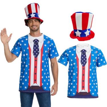 Imagem de Camisa masculina de smoking patriótica e chapéu do tio Sam - fantasia da bandeira americana de 4 de julho, roupa de festa dos EUA Independência e Memorial Day, Vermelho, branco e azul., G