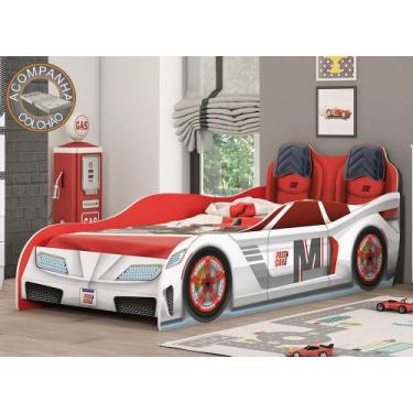 Imagem de Cama Infantil Carros Fast Car Branco Vermelho Móveis Estrela com Colch