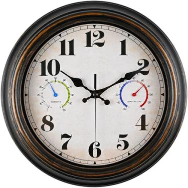 Imagem de Dyreps Combo de termômetro de relógio externo - Relógios de parede retrô silenciosos, relógio grande de 30 cm para ambientes internos e externos com temperatura e umidade, operado por bateria, sem