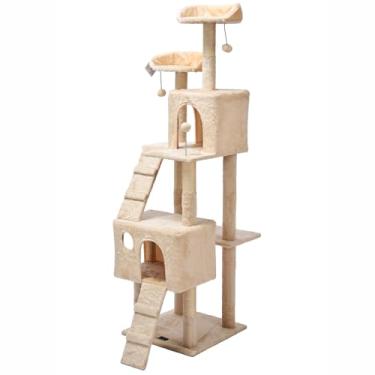 Imagem de Arranhador, torre de gato grande, luxuoso, multifuncional com casas, camas, poleiros, escadas e brinquedos(Bege)