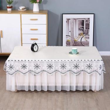 Imagem de Wuluwala Toalha de mesa retangular de couro com renda bordada de tule com saia resistente a manchas, sem lavagem, ideal para sala de estar, pátio, festa de casamento, 56 x 109 cm, branca