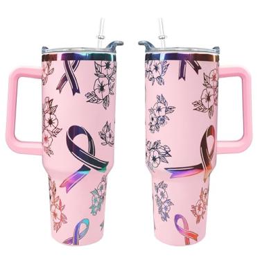 Imagem de omezin Copo de conscientização do câncer de mama de 1,134 g, presentes para mulheres, 1,134 g, gravação a laser, glitter, fita rosa, copo com tampa canudo duplo isolado de aço inoxidável