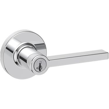 Imagem de Kwikset Maçaneta de porta redonda Casey Entry com fechadura e chave, exterior de maçaneta reversível com chave segura, fechadura para entrada frontal e quartos, cromo polido, segurança Smartkey Rekey