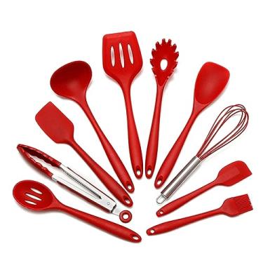 Imagem de Utensílios de cozinha de silicone e utensílios de cozinha, 10 peças/conjunto de pinças antiaderentes, espátula, colher, batedor de escova de aderência confortável