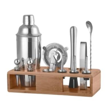 Imagem de ZZTWER Kit de bartender, conjunto de coqueteleira de aço inoxidável, 13 peças, conjunto de coqueteleira com suporte de armazenamento de madeira, kit de barman para conjunto de bar de mistura de