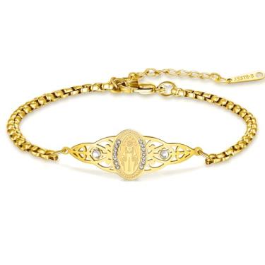 Imagem de VASSAGO Pulseira feminina de aço inoxidável da Virgem Maria, rosário delicado da Virgem de Guadalupe, cruz de Jesus, crucifixo católico, presente de batismo religioso cristão, Aço inoxidável, Sem