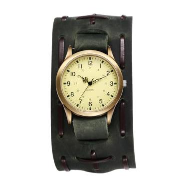 Imagem de OIDEA Relógio masculino vintage de couro punk: relógio de pulso retrô steampunk hip-hop com pulseira analógica de quartzo, Verde