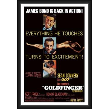 Imagem de BUY ART FOR LESS James Bond oficialmente licenciado - Filme Goldfinger - Pôster de arte emoldurado - 61 x 91 cm - Moldura de madeira projetada resistente com vidro plexi - Pronto para pendurar