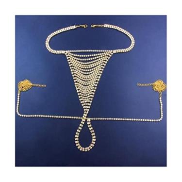 Imagem de OUFEIJIA Corrente com pingente de corrente corporal para mulheres cinto biquíni plus size tanga ajustável sexy strass calcinha dança festa fantasia festa