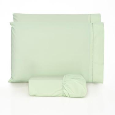 Imagem de Jogo de lençol 100% algodão 200 fios com fronha ponto palito diversos tamanhos (solteiro, casal, queen, king size) (Verde claro, King)