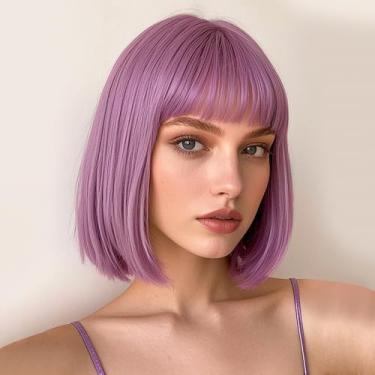 Imagem de BATISI Peruca feminina roxa rosa bob peruca reta curta 30,5 cm franja plana fantasia cosplay festa diária peruca neon