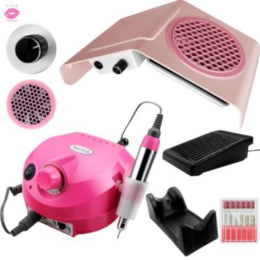 Imagem de Kit Lixadeira Motor Porquinho com Pedal e Sugador Aspirador de Pó para Unhas Acrigel, Gel e Fibra (Rosa)