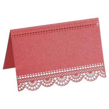 Imagem de PATIKIL 50 peças de cartões de casamento, corte a laser, renda, flor, nome, cartão, cartão de mesa, papel perolado para mesa, recepção de casamento, buffet, festa de negócios, vermelho