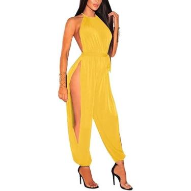 Imagem de 2023 Macacão Feminino Sexy Boate Elegante Ombro A Ombro Macacão Sem Mangas Perna Larga Fenda Calças Compridas Macacões De Festa, Deep Blue, M