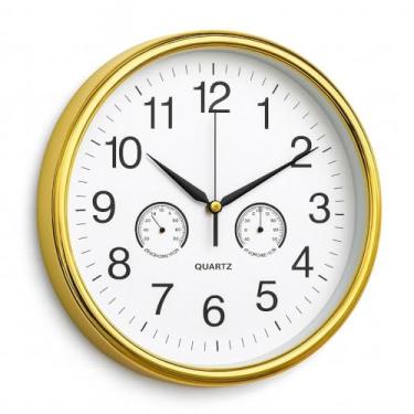 Imagem de RELOGIO ANALOGICO DE PAREDE TERMOMETRO E HIGROMETRO DECORATIVO DESIGN ELEGANTE AMBIENTES CASA SALA DOURADO