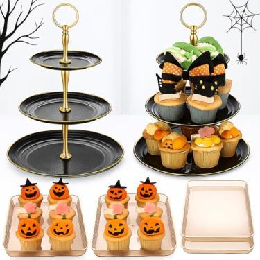 Imagem de Yiyiring Conjunto de 6 peças de suporte para exibição de cupcake, bandeja de torre de servir de 3 camadas com borda dourada retangular, suportes de bolo para festa de chá de casamento e aniversário