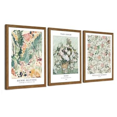 Imagem de InspiredHues 3 peças de arte de parede em tela vintage verde sálvia, decoração de parede em tela botânica com flores de paisagem, Henri Matisse Van Gogh William Morris, impressões de arte para quarto