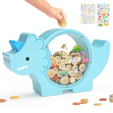 Imagem de Summidate Cofrinho de dinossauro de madeira para crianças, meninos, lindo cofre de madeira para crianças, pote de moedas criativo, presente personalizado para aniversário e decoração de crianças