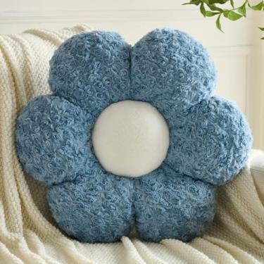 Imagem de ZCNYCLAM Travesseiros de flores, almofada decorativa com pelúcia macia para sofá, almofada em forma de flor, decoração de casa, margarida para cama (cinza, azul, 36 cm)