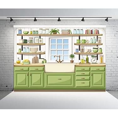 Imagem de BELECO Pano de fundo de cozinha de tecido de 1,5 x 0,9 m para fotografia de desenho animado de cozinha para decoração de festa de panificação faixa de aniversário para bebês crianças retrato sessão de