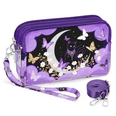 Imagem de BIAOTIE Bolsas de pulso para mulheres, bolsas transversais pequenas de nylon com alça ajustável 3 zíperes carteira de pulso organizador de telefone, Gato roxo, Compact
