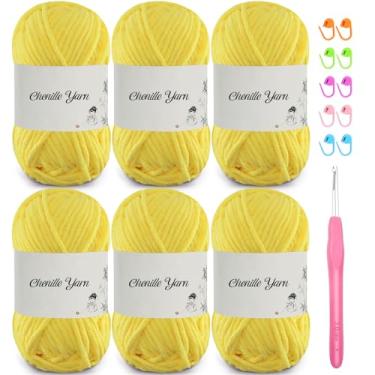 Imagem de SIMEIQI Pacote com 6 fios de chenille de 50 g para crochê, fio de veludo macio e fofo de 60 metros, crochê ideal para cobertores de bebê faça você mesmo, brinquedos, cachecóis, almofadas, chapéus