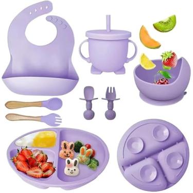 Imagem de Kit Introdução Alimentar Bebê 8 Peças em Silicone – Colher, Garfo, Copinho, Pratinho e Pote – Atóxico, Antibacteriano, Livre de BPA – Seguro Para Crianças a Partir de 6 Meses (Lilás)