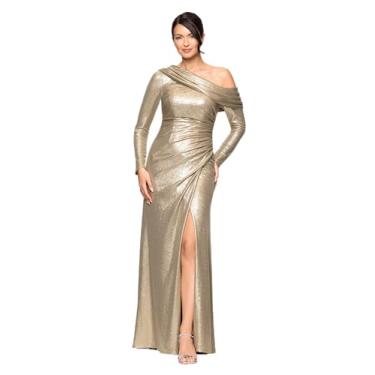 Imagem de Betsy & Adam Vestido feminino de tricô de um ombro só, franzido até o chão, Dourado, 46