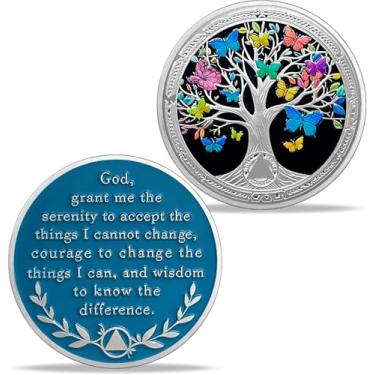 Imagem de Presentes de moeda de sobriedade de 0 anos | Moeda AA árvore e borboleta preta - Medalhão de chip AA HA com oração de serenidade | Presentes de narcóticos, alcoólicos anônimos para o mês de