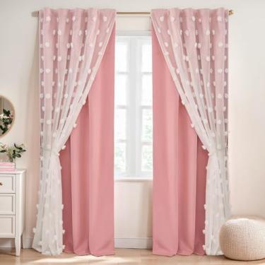 Imagem de Cortinas rosa 213 cm de comprimento, conjunto de 2 painéis para quarto, cortina de camada dupla com pompom branco transparente para sala de estar infantil berçário, aba traseira com bolso plissado