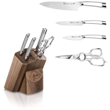 Imagem de Conjunto de Facas em Aço Inoxidável com Afiador Embutido e Bloco de Bancada 5 Peças, CANGSHAN 1022605, Prateado