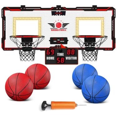 Imagem de Cesta de Basquete Dupla Interna para 2 Jogadores com Placar Eletrônico, 4 Bolas e Bomba de Ar Incluída, VATOS, Preta e Vermelho