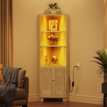 Imagem de DWVO Prateleira de canto alta com luz LED, estante de canto de 5 camadas e estante com armazenamento, armário de canto moderno de 170 cm com 2 portas esculpidas para cozinha, escritório em casa ou