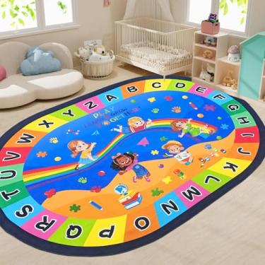 Imagem de USTIDE Tapete oval grande infantil 1,8 x 2,8 m, alfabeto ABC, tapete educativo para sala de aula, brincar, estudar juntos, tapete oval antiderrapante, área de aprendizagem, para quarto, sala de jogos